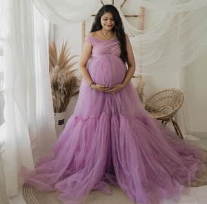G2119 (2), Dusty Lavender Frilled Maternity Shoot Trail Gown, Size (All)