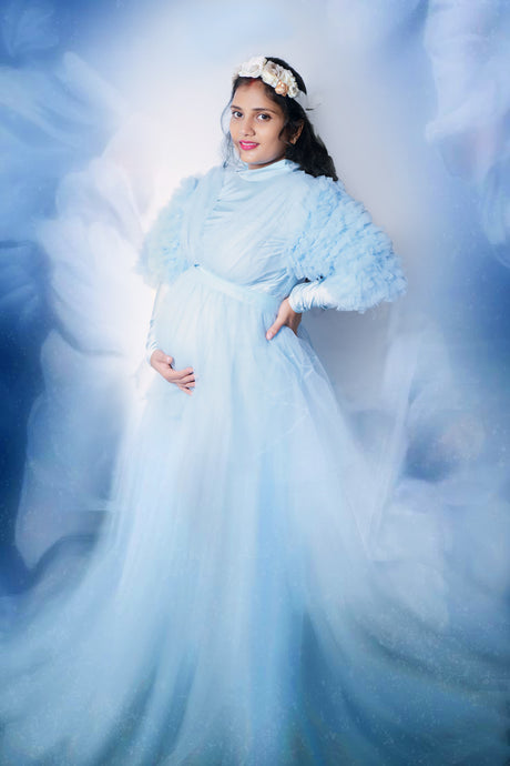 G1025, Ice Blue Frilled Maternity Shoot Trail Gown, Size (All)