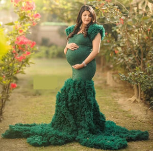 G1035, Bottle Green  Long Trail Body Fit Gown (All Sizes)