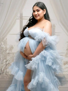 G466, Blue Frilled Maternity Shoot Gown With Inner, Size (All)