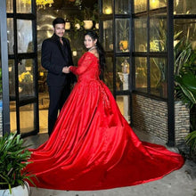 Load image into Gallery viewer, G529, Red Satin Semi Off Shoulder Full Sleeves Prewedding Shoot Trail Ball Gown, Size (XS-30 to XL-40)