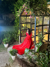 Load image into Gallery viewer, G529, Red Satin Semi Off Shoulder Full Sleeves Prewedding Shoot Trail Ball Gown, Size (XS-30 to XL-40)