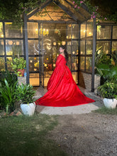 Load image into Gallery viewer, G529, Red Satin Semi Off Shoulder Full Sleeves Prewedding Shoot Trail Ball Gown, Size (XS-30 to XL-40)