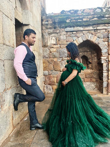 G2049, Bottle Green Ruffled Maternity Shoot Trail Gown (ALL)