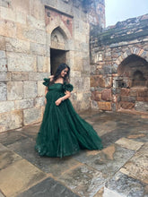 Load image into Gallery viewer, G2049, Bottle Green Ruffled Maternity Shoot Trail Gown (ALL)