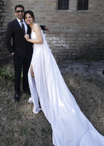 W224 (4), White Tube Lace Top Georgette Long Trail Prewedding Shoot Gown, Size - (All)