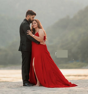 G59(2) , Red Tube Slit Cut Prewedding Long Trail Gown, Size(All)