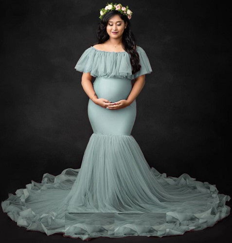 G908, Grey Body Fit Frilled Shoot Trail Gown (All Size)pp