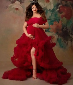 G968 (3), Wine Slit Cut Puffy  Frills Maternity Trail Gown With Inner, (All Sizes)