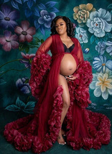 G1245, Wine Ruffled Maternity Shoot Gown With Inner, Size(All)pp