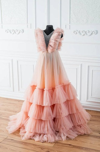 G556, Peach Ruffled Shoot Trail Gown, Size(All)pp