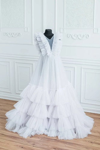 W665, White Ruffled Shoot Trail Gown , Size (All)pp