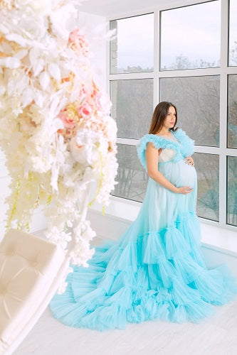 G933, Light Blue Ruffled Maternity Shoot Trail Gown, Size (All)pp