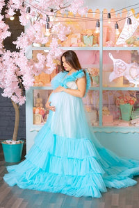 G933, Light Blue Ruffled Pre Wedding Shoot Trail Gown, Size(All)pp