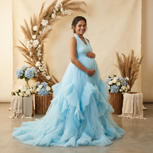 Load image into Gallery viewer, G2126, Ice Blue Slit Cut Frilled Maternity Shoot Trail Gown With Inner, Size (All)