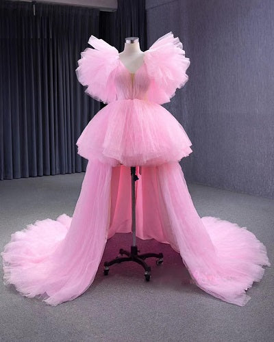 G788, Light Pink High Low Tiered Ruffled Long Trail Gown Size(ALL)pp