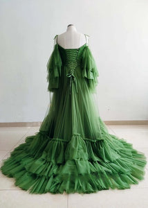 G1244, Olive Green Ruffled Shoot Trail Gown, Size (All)pp