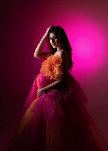 G1039 , Magenta and Mustard Twin Colour  Slit Cut Maternity Shoot Gown, Size (All) pp
