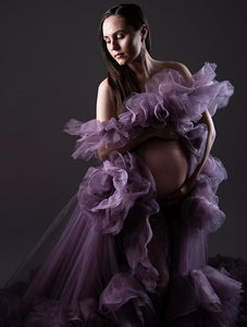 G1420, Luxury Purple Ruffled maternity shoot trail gown With Inner, Size(All) pp