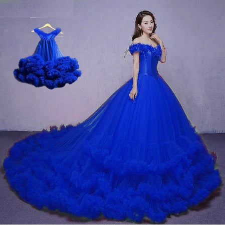 G237 (2),Luxury Royal Blue Puffy  Mother Daughter Shoot Gown,  Size - (XS-30 to XXL-42)