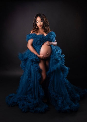 G1038, Blue Ruffled Slit Cut Maternity Shoot Trail Gown With Inner, Size (All)