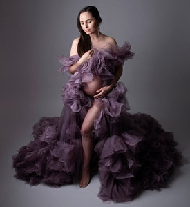 G1420, Luxury Purple Ruffled maternity shoot trail gown With Inner, Size(All) pp