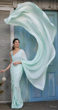 Load image into Gallery viewer, L102, sky blue Georgette Prewedding Shoot Long Trail  Saree, Size (XS-30 to L-38)