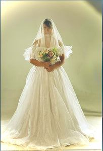 W160, White Satin Organza Ruffle Sleeves Wedding Trail Gown, Size (ALL)