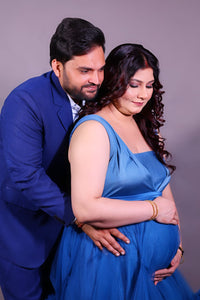 G1057, Navy Blue Ruffled Slit Cut Maternity Shoot Trail Gown Size (All)