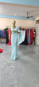 L102, sky blue Georgette Prewedding Shoot Long Trail  Saree, Size (XS-30 to L-38)