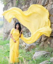 Load image into Gallery viewer, L507, Yellow Georgette Prewedding Shoot Long Trail  Saree, Size (XS-30 to L-38)