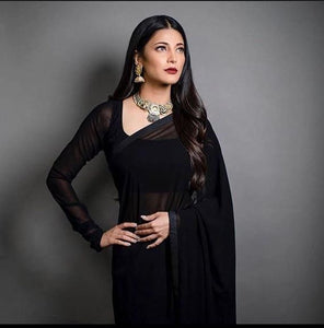 L104,  black plane Georgette Prewedding Shoot Long Trail  Saree, Size (XS-30 to L-38)