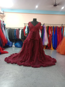 G433, Dark Wine Ruffled  Maternity Shoot Trail Gown With Inner, Size (All Sizes)