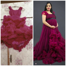 Load image into Gallery viewer, G648(2), Dark Magenta Puffy Maternity Shoot  Baby Shower Trail Gown, Size (All)