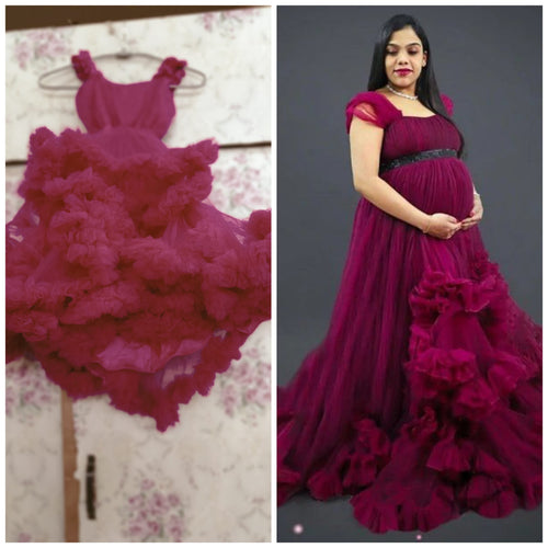 G648(2), Dark Magenta Puffy Maternity Shoot  Baby Shower Trail Gown, Size (All)