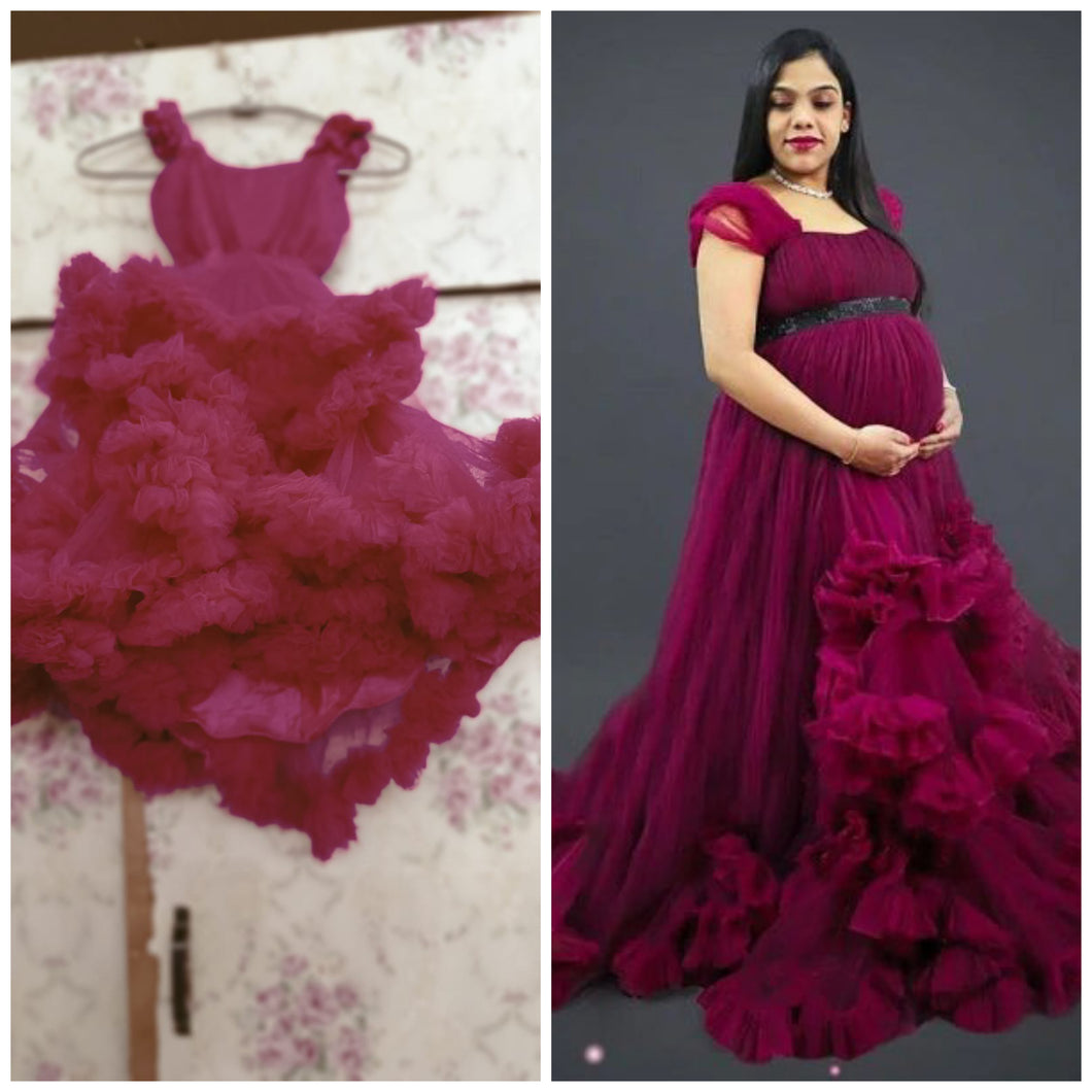 G648(2), Dark Magenta Puffy Maternity Shoot  Baby Shower Trail Gown, Size (All)