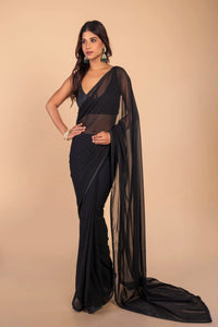 L104,  black plane Georgette Prewedding Shoot Long Trail  Saree, Size (XS-30 to L-38)