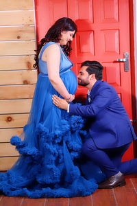 G1057, Navy Blue Ruffled Slit Cut Maternity Shoot Trail Gown Size (All)