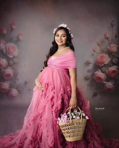 G4041, Peach Ruffled Maternity Shoot Trail Gown, Size(All)pp