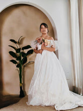 Load image into Gallery viewer, W160, White Satin Organza Ruffle Sleeves Wedding Trail Gown, Size (ALL)