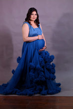 Load image into Gallery viewer, G1057, Navy Blue Ruffled Slit Cut Maternity Shoot Trail Gown Size (All)