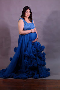G1057, Navy Blue Ruffled Slit Cut Maternity Shoot Trail Gown Size (All)