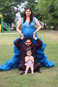 G1057, Navy Blue Ruffled Slit Cut Maternity Shoot Trail Gown Size (All)