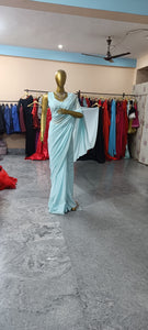 L102, sky blue Georgette Prewedding Shoot Long Trail  Saree, Size (XS-30 to L-38)