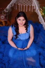 Load image into Gallery viewer, G1057, Navy Blue Ruffled Slit Cut Maternity Shoot Trail Gown Size (All)