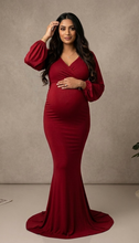 Load image into Gallery viewer, G1054, Red Wine Full Sleeves Maternity Shoot Trail Gown (All Sizes) p