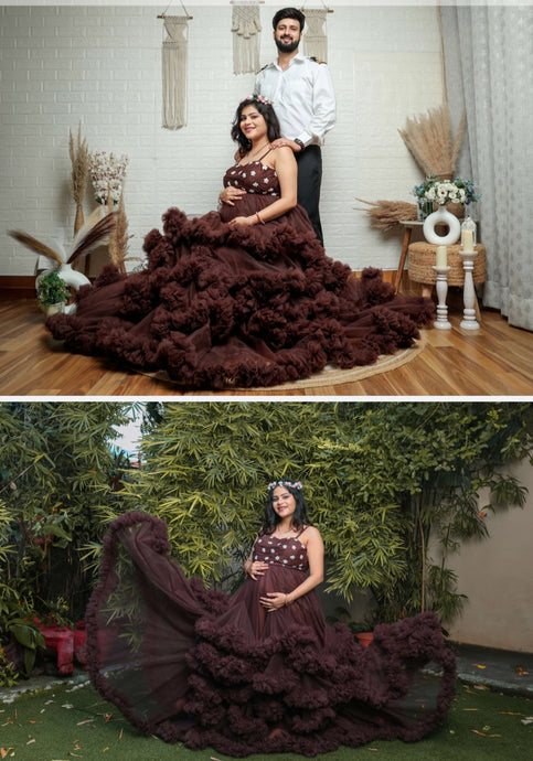 G2401, Brown Maternity Ruffled Frill Prewedding Shoot Trail Gown, Size (All)pp