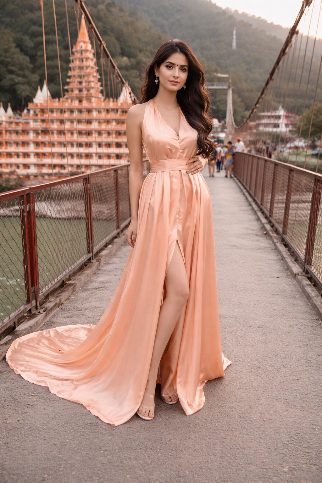 G224,Peach Satin Long Trail Prewedding Shoot Gown Style Icon www.dressrent.in G224,Peach Satin Long Trail Prewedding Shoot Gown Style Icon www.dressrent.in