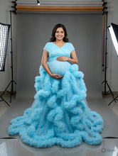 Load image into Gallery viewer, G3126, Blue Slit Cut Frilled Maternity Shoot Trail Gown p