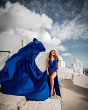 Load image into Gallery viewer, G6001, Blue Satin Flying Trail Prewedding Shoot Gown (p)